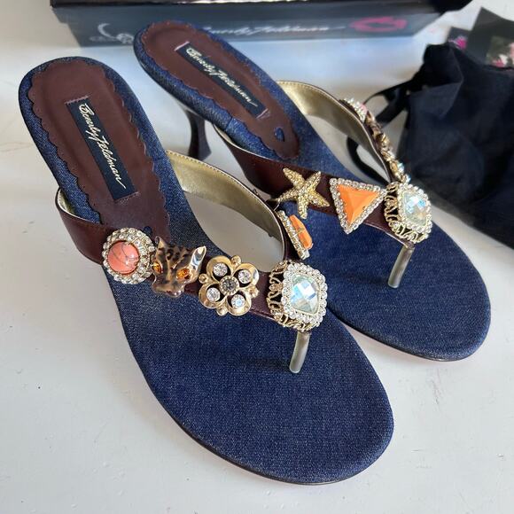 Beverly Feldman heels slides size 8.5 jeweled leopard kitten beachy VTG mobwife - Picture 9 of 15